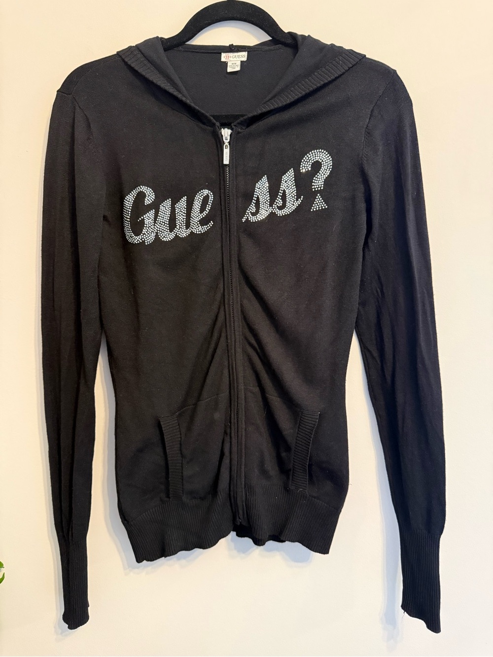 Guess Black Rhinestone Logo Zip Hoodie